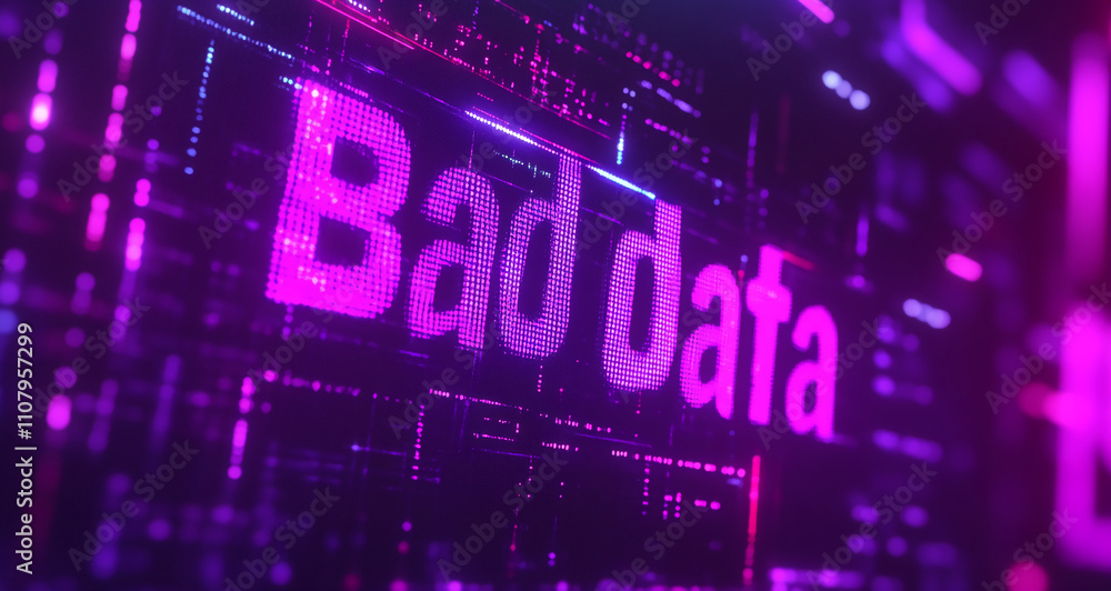 Poster digital display showcasing bad data in vibrant pink and purple hues against a futuristic background