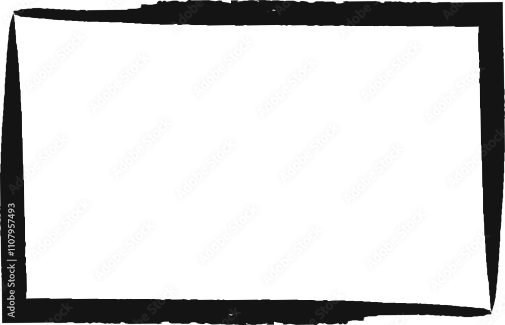 Poster wide, black, hand drawn rectangular border creates a simple frame against a clean white backdrop, of