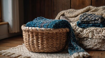Obraz premium Beautiful textiles in a wicker basket