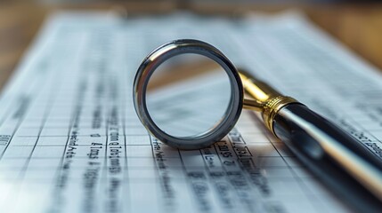 Fototapeta premium A magnifying glass rests on a document next to a pen, suggesting analysis.