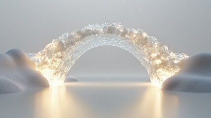 A luminous, ethereal bridge made of light spans across a serene landscape, creating a dreamlike atmosphere with soft, flowing forms.