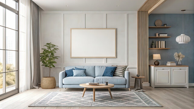 Minimalist interior design in a modern living room with a large white frame on the wall. Cute cozy little sofa near the coffee table.