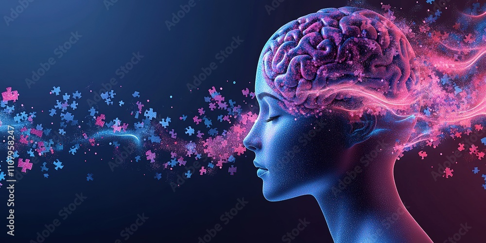 Poster conceptual representation of human thoughts and creativity with brain imagery and puzzle pieces in a