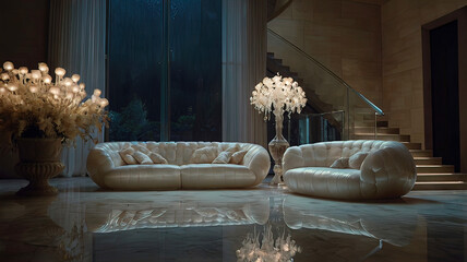 Obraz premium architectural interior in mother-of-pearl, fountain, light stone, sofas, vase with dried flowers on a table,