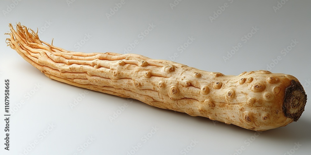 Poster uncommon root vegetable displayed on a neutral background showcasing its unique texture and shape