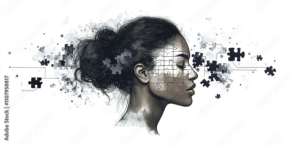 Poster portrait of a woman with a puzzle motif representing thoughts and emotions in an abstract style