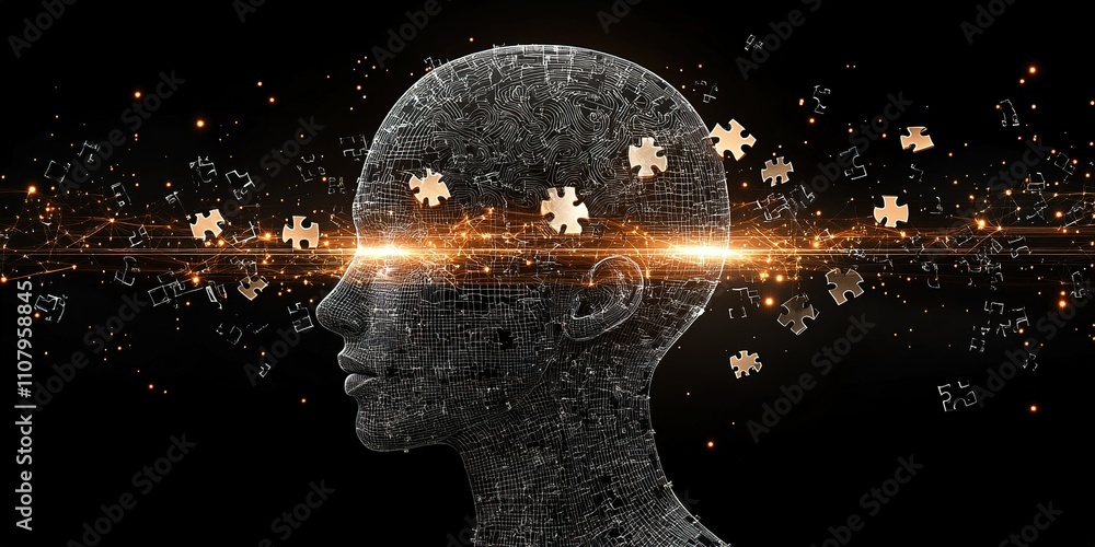 Poster concept of artificial intelligence and human cognition represented through a puzzle in a digital lan