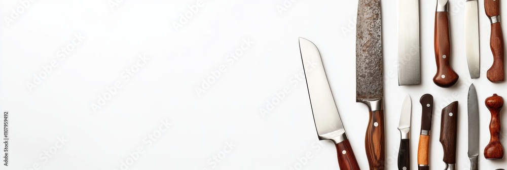 Poster a collection of sharp kitchen knives of different sizes is displayed on a plain white background, sh