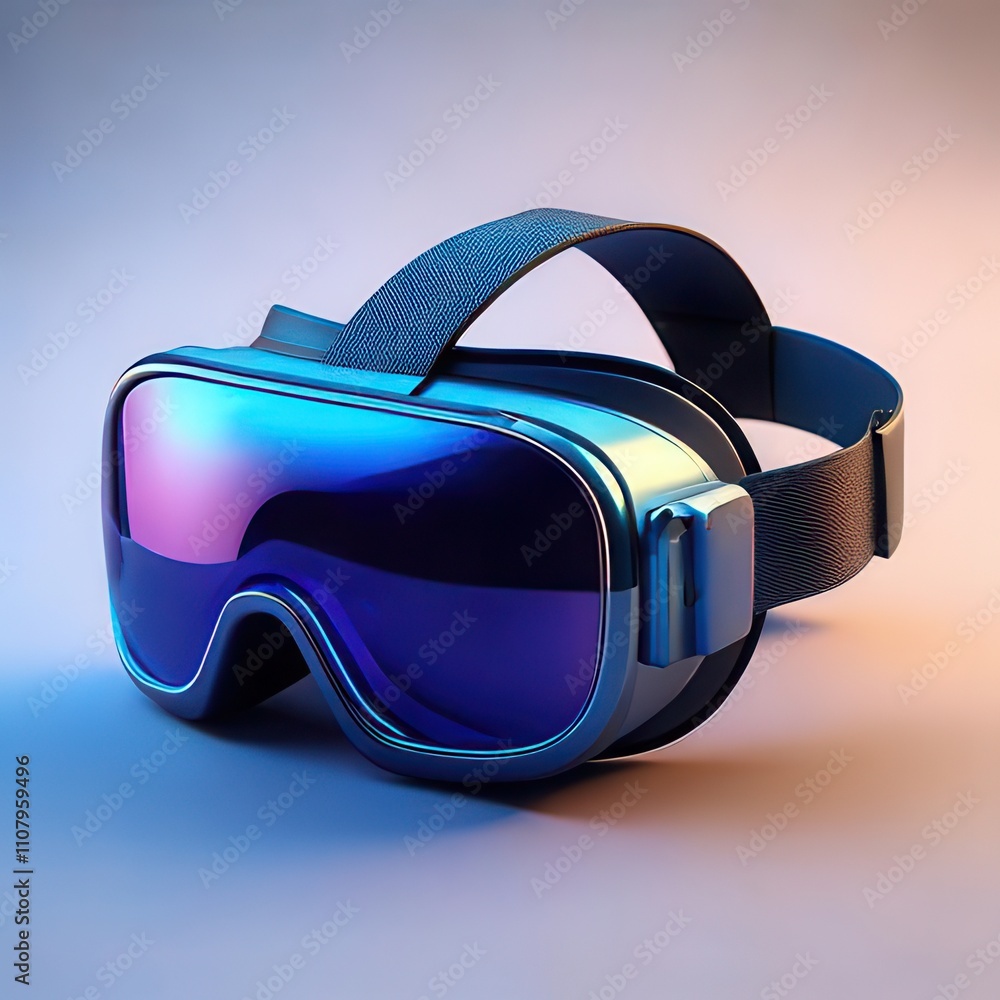 Poster Stylish futuristic virtual reality headset with sleek design and vibrant reflective lenses on a soft gradient background, perfect for tech and gaming enthusiasts.