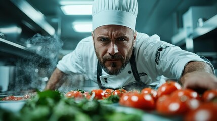 A determined chef gazes engagingly at the camera from behind a spread of fresh tomatoes and greens,...