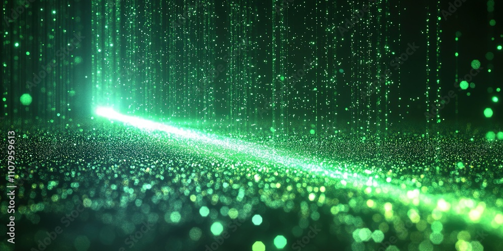 Poster dynamic green light beams illuminate a sparkling surface in an abstract display of patterns at night