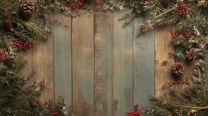 A textured wood plank background adorned with evergreen sprigs, red berries, and a few rustic ornaments along the edges, leaving the center clean for content display, 16:9