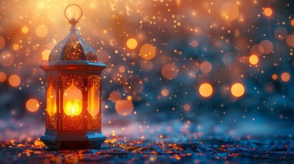 A beautifully lit lantern surrounded by glowing bokeh lights, creating a warm ambiance.