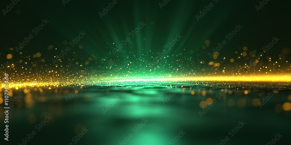 Poster waves of green and gold light shimmer on a dark surface, creating a mesmerizing visual effect for de