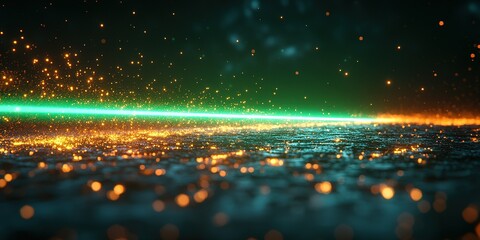 Naklejka premium Colorful glowing particles create a mesmerizing effect over a textured surface with bright streaks of light