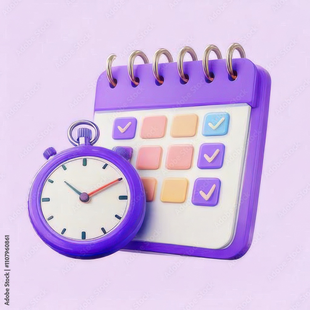 Poster vibrant purple calendar with checkmarks and stop watch for time management and organization in daily
