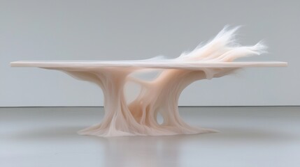 Obraz premium Modern, minimalist dining table with a unique design. the table has a rectangular top with a smooth, white surface that appears to be made of a light-colored material.