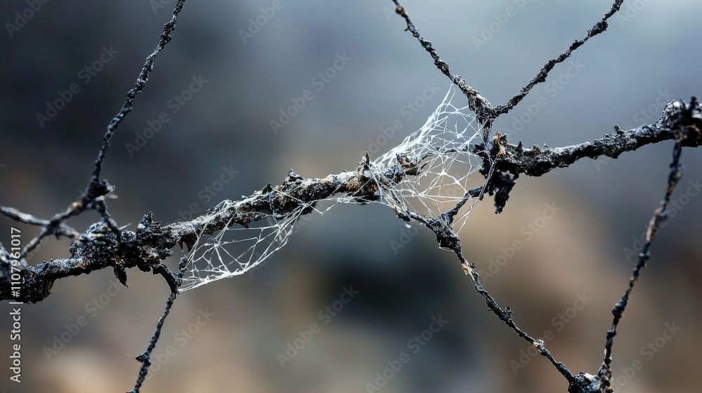 Poster intricate web of nature close-up of delicate spider silk on barbed wire natural setting captured per