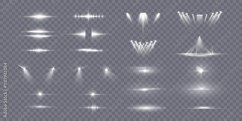 Poster set of white light spotlights, flashes of light on a transparent background. vector glowing light ef