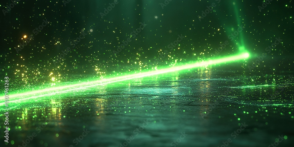 Poster green laser beam illuminating a dark space with sparkling particles during a captivating light displ