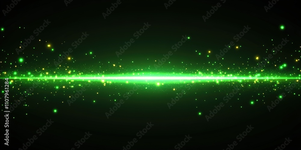 Poster vibrant green light beam with sparkling particles against a dark background creating a captivating v