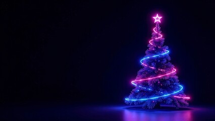 Sleek Christmas tree drawn with vibrant neon string lights in hues of blue, pink, and purple, arranged in a zigzag pattern. The design has a modern, futuristic feel. solid black monochrome background