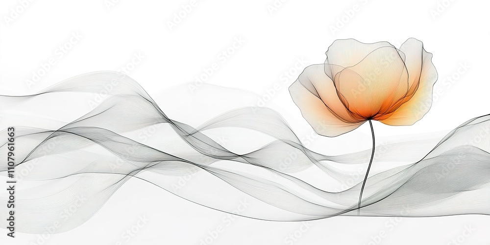 Poster delicate flower with flowing lines in soft hues against a minimalist background in digital art