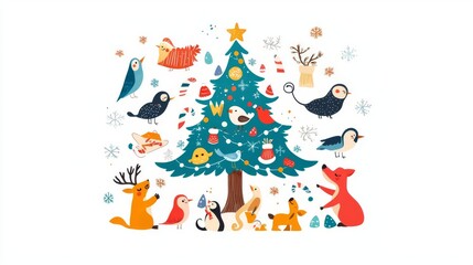 Whimsical animals around a colorful Christmas tree.