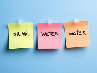 Post-it notes with "Drink Water" as a hydration reminder, AI generated.