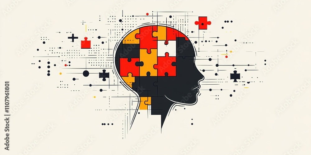 Aufkleber abstract representation of human mind combining puzzle pieces with digital elements illustrating com