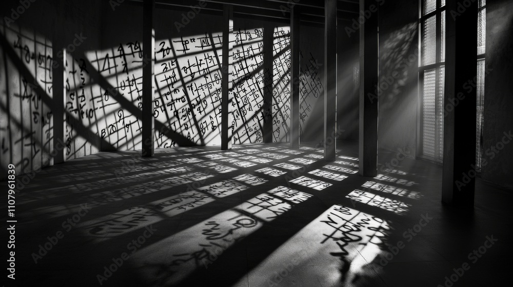 Poster shadows of meaning artistic hand shadows cast in an abandoned space black and white abstract light a