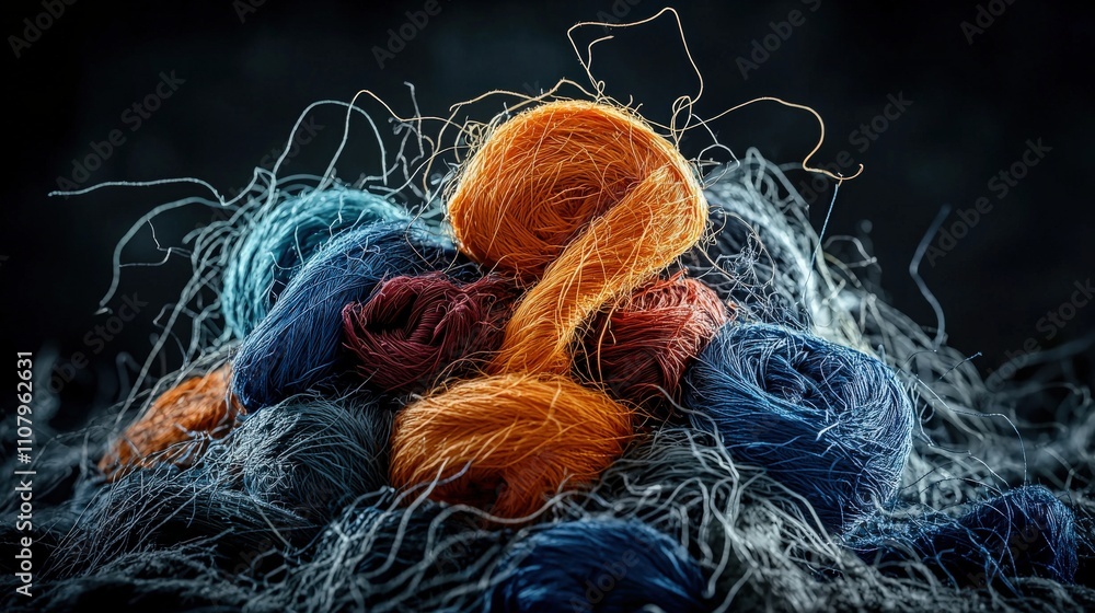 Poster Colorful threads entangled in complex shapes artistic display studio setup creative environment close-up shot textile concept