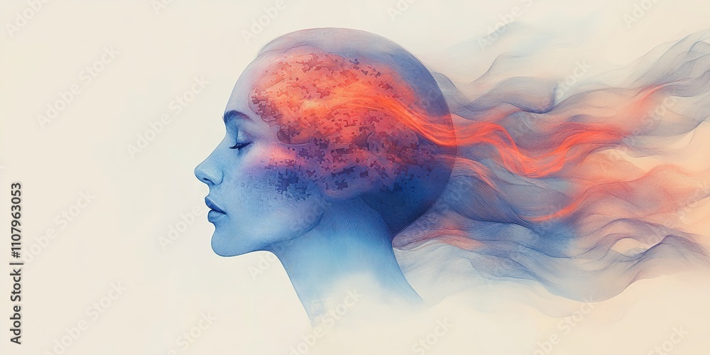 Poster creative representation of a woman's profile with abstract elements symbolizing thoughts and emotion