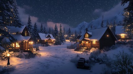 Fototapeta premium A quiet snowy village with lights glowing warmly from wooden cabins under a starry sky