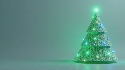 A sleek Christmas tree made from intricate digital circuit patterns, glowing softly in shades of green and blue. a light gray monochrome background