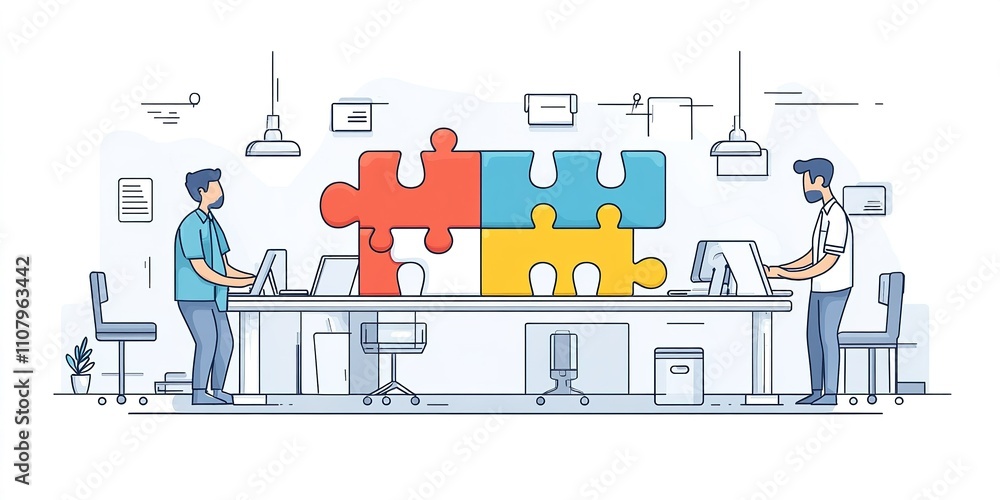 Poster team collaboration in a modern office with puzzle pieces representing problem-solving and creativity