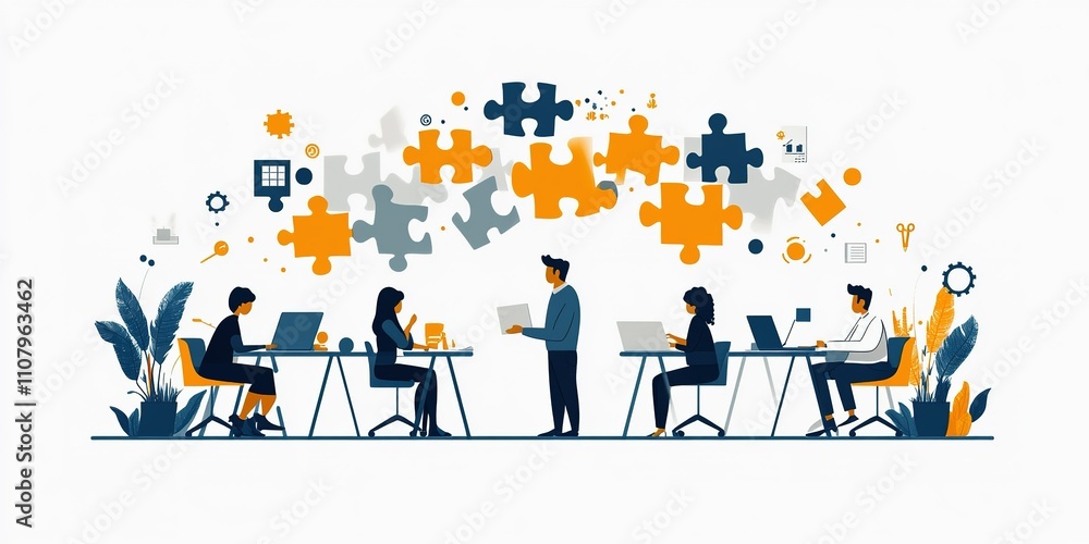Poster collaborative teamwork enhances problem-solving skills in a modern office environment