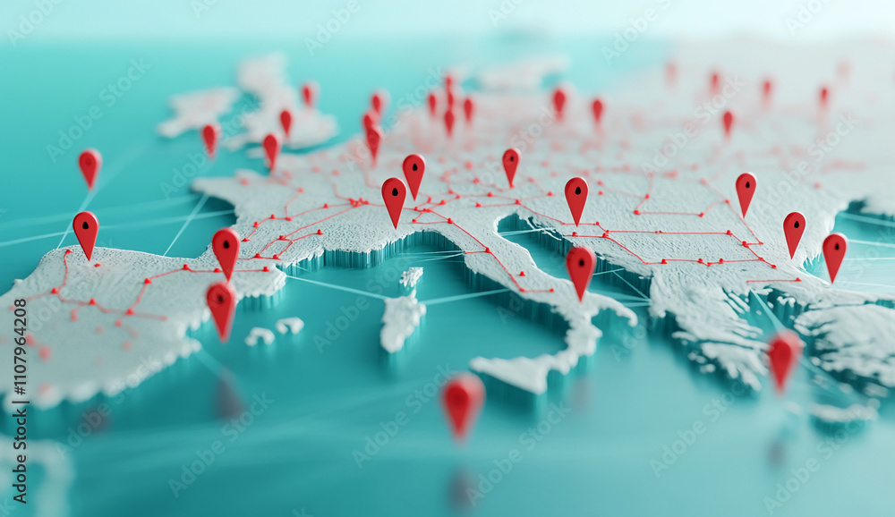 Aufkleber Visual representation of a detailed network map connecting various locations across Europe with marked points