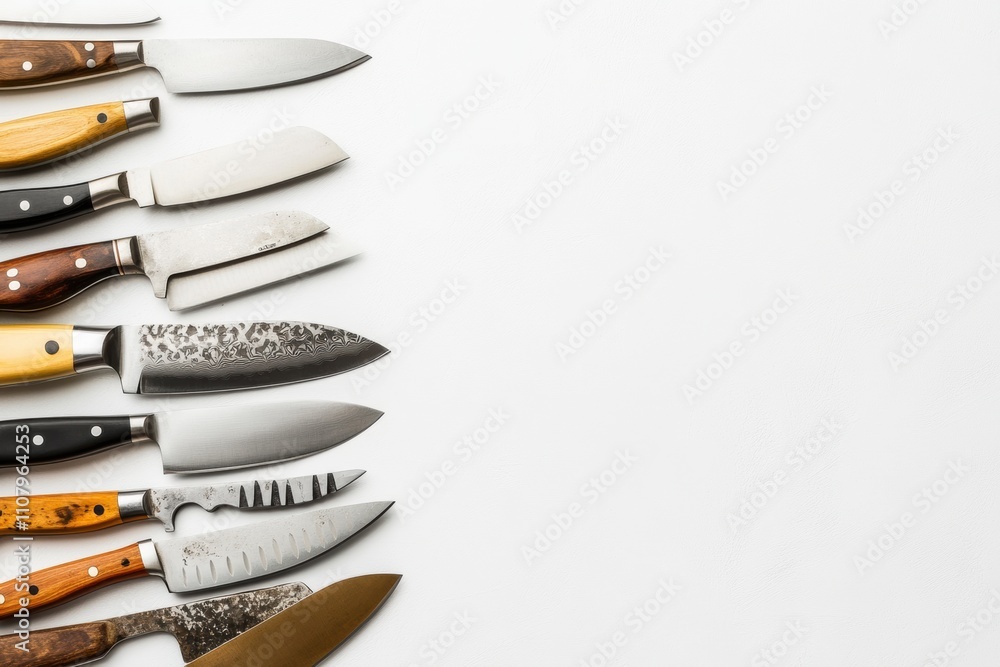 Poster A collection of assorted kitchen knives is arranged neatly on a white background, showcasing variety and design for culinary tasks. Generative AI