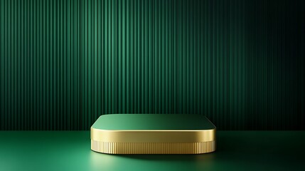 Green and gold minimalist podium in a square shape, set against a dark green striped background, with clean, modern minimalism for product display