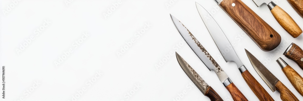 Poster A collection of sharp kitchen knives is artistically arranged on a pristine white surface, showcasing their diverse designs and functionalities. Generative AI