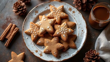 Fototapeta premium Festive gingerbread cookies shaped like stars on a decorative plate with cinnamon and pine cones