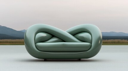 Naklejka premium Modern, curved sofa in a light green color. the sofa is placed on a concrete surface with a vast landscape in the background. the sky is overcast and the mountains can be seen in the distance.