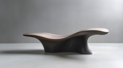 Modern wooden bench with a curved shape. the bench is made of a dark wood, possibly walnut or oak, and has a smooth, polished finish.