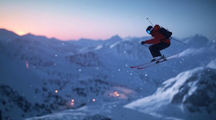 A skier performing a 360-degree spin in mid-air with the snowy landscape below.