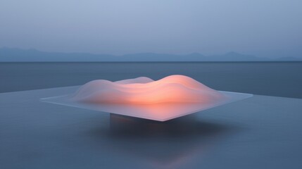 Photograph of a modern abstract sculpture on a concrete surface. the sculpture is in the shape of a wave-like structure, with a white base and a pinkish-orange glow emanating from the center.