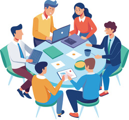 Partners meeting for business discussion with documents and laptop on desk. Couple at round table, speaking, discussing work, partnership. Flat vector on a white background