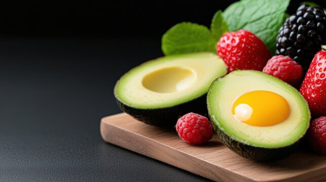 Close-up of a wooden cutting board with various fruits and vegetables arranged on it. on the left side of the board, there is a sliced avocado with a yellow yolk in the center.