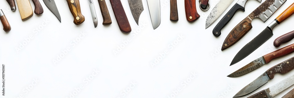 Poster an array of kitchen knives displays diverse designs and materials on a clean white surface, perfect 