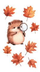 Cute hedgehog holding magnifying glass surrounded by autumn leaves in warm colors, perfect for seasonal designs and illustrations